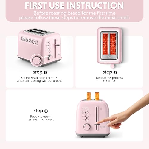 Image of BUYDEEM DT620 2-Slice Toaster, Extra Wide Slots, Retro Stainless Steel with High Lift Lever, Bagel and Muffin Function, Removal Crumb Tray, 7-Shade Settings,Pink