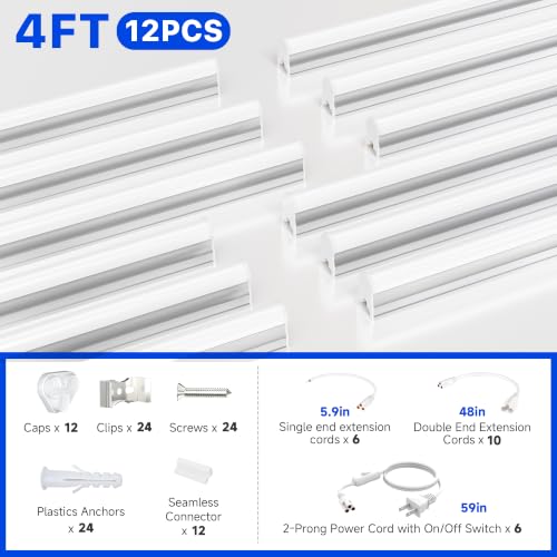 Image of Ensenior 12-Pack T5 LED Shop Lights, 4FT 2000LM 6500K Super Bright White Integrated Single Fixture, 20W Linkable Utility Commercial Lighting for Gym /Garage /Ceiling /Under Cabinet, Plug & Play, FCC