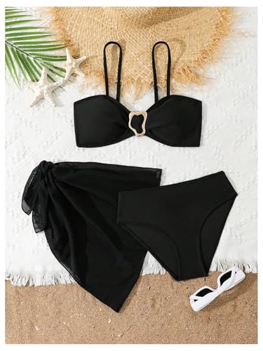 SweatyRocks Girl's 3 Piece Swimsuit High Waist Spaghetti Strap Bathing Suit with Mesh Sarong Wraps3