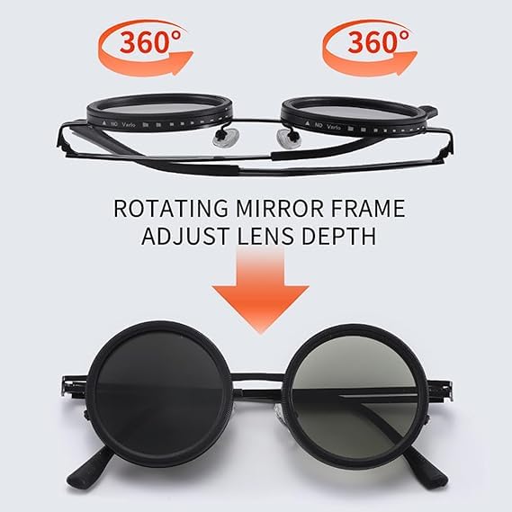 Image of Adjustable Tint Sunglasses, 1-9 Gear Adjustable Polarized Sunglasses with ND Filter Lenses, Round Black Lens for Men & Women, UV Protection for Driving, Fishing, and Outdoor Use.