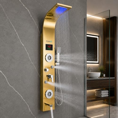 Image of RUVEL Shower Panel - Sayflow with 7-in-1 Hydro Powered LED Display, Rainfall Shower Head, Waterfall Shower, Dual Body Massage Jets, 360 Adjustable Mist Spray, Handheld Shower, Tub Spout (Gold)