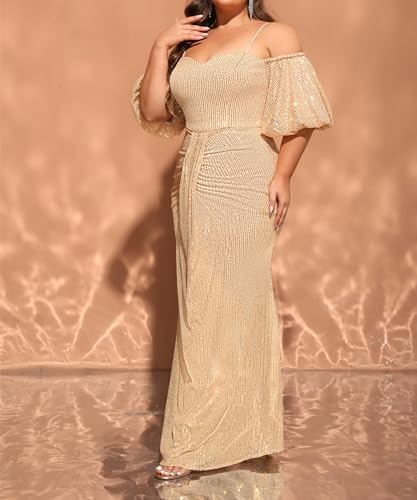 Image of Women's Plus Size Off The Shoulder Puff Sleeve Dress Sequin Formal Maxi Evening Cocktail Party Gowns