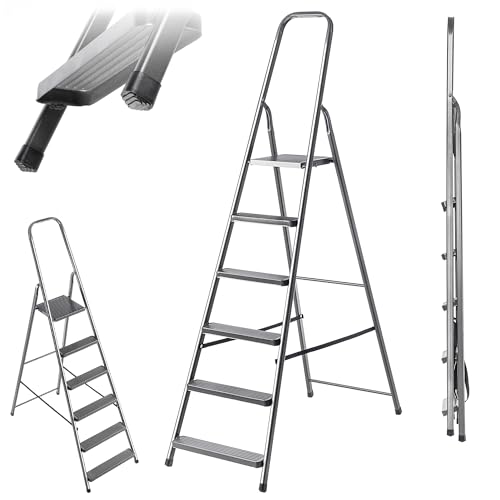 KADAX Klappbare Stufenleiter aus Stahl, 6 Stufen, mit Antirutsch-Füßen und Ablage, Einseitige Trittleiter für Haushalt und Garten