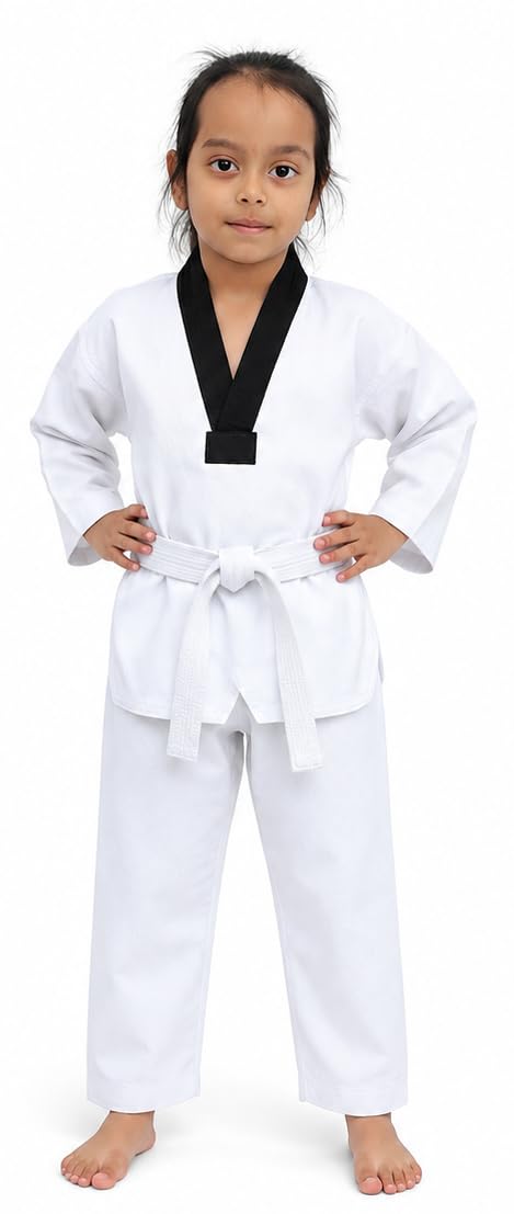 Taekwondo Uniform for Kids | Lightweight Martial Arts Dobok for Boys Girls Beginners | White | V-Neck | White Belt Included-image-48