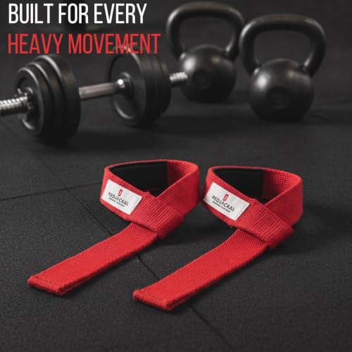 Image of REDJACKAL Single Loop Lifting Straps for Weightlifting - Heavy Duty Padded Cotton Deadlift Straps for Men & Women - Powerlifting, Bodybuilding & Gym Strength Training | 2 Pair Red