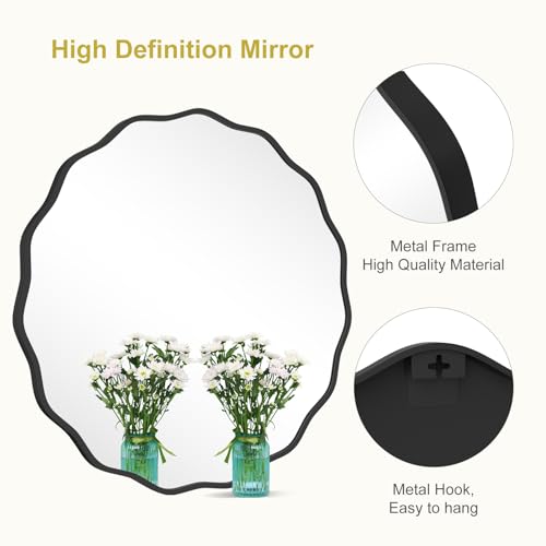 Image of WallBeyond Round Wavy Mirror for Wall Decorative 32 inch, Modern Round Mirror Aluminum Frame for Bathroom Bedroom Living Room Home House Office Entryway, Black