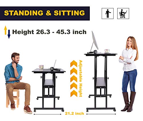 Aiz Mobile Standing Desk, Adjustable Computer Desk Rolling Laptop Cart On Wheels Home Office Computer Workstation, Portable Laptop Stand Tall Table For Standing Or Sitting, Black 31.5" X 19.7" #TOP1