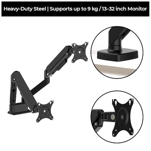 Image of Dual Monitor Arm + Laptop Tray| Gas Spring Mount for 13-32 Inch Screens| Full Motion Adjustable Stand| 1 Year Warranty| VESA 75x75 /100x100 Compatible| Clamp & Grommet Base| Supports Monitor & Laptop