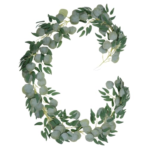 GALPADA Guirnalda de Hojas Artificiales de Eucalipto Verde Oscuro de 2 Metros Mezcla de Sauce y Cinco Hojas, Enredadera Decorativa para Hogar, Boda y Decoración de Paredes, Plantas