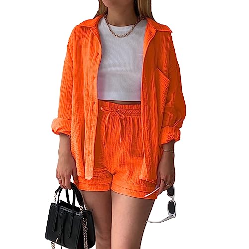 OEAK Damen Zweiteiler Outfit Sommer Freizeitanzug Einfarbig Revers Button...