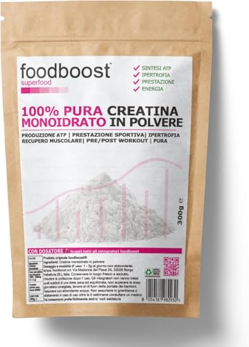 Creatina Monoidrato pura in polvere 300 g foodboost - pure - con dosatore - per performance atletica, massa muscolare, marchio di fiducia italiano, pre workout - 150 DOSI