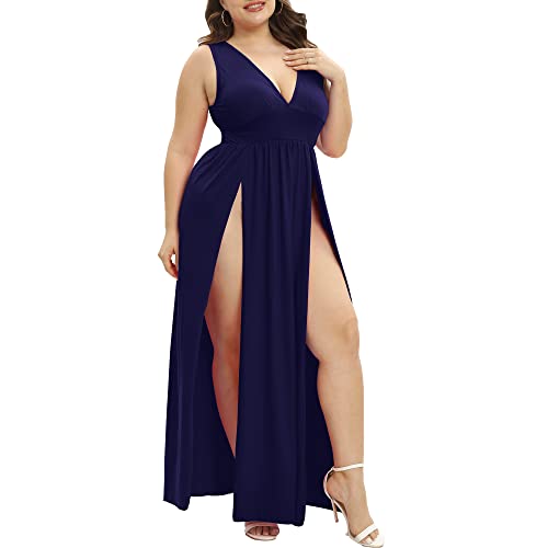 Image of SILUI Women's Summer 2026 Sexy Double High Slit Deep V Neck Plus Size Sundresses Thigh Split Maxi Club Party Dresses