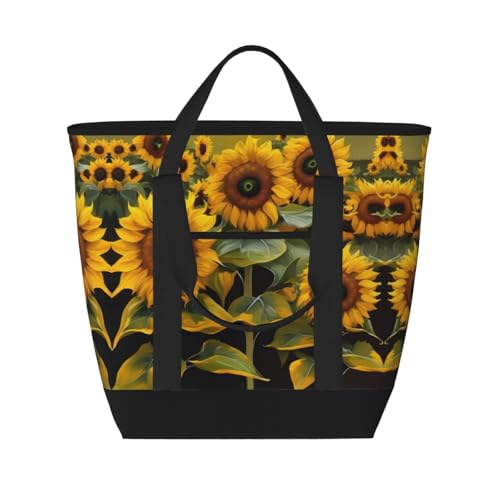 Sac cabas réutilisable isotherme grande capacité noir motif tournesol pour adulte