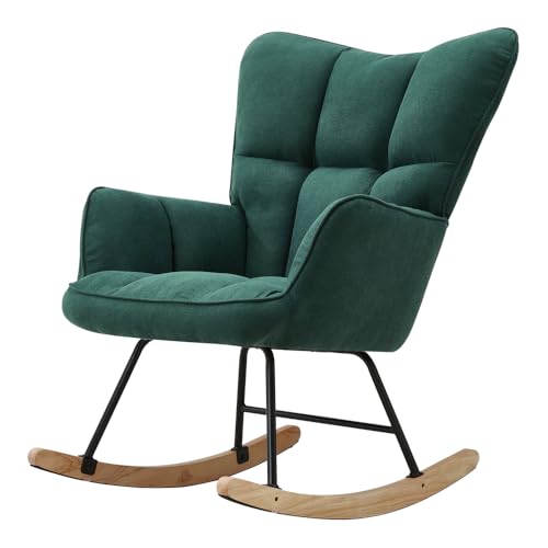 DARDVORLAG Schaukelstuhl – Moderner Relaxsessel aus Holz mit Lammfolle Stoff Ergonomischer Wippsessel für Wohnzimmer & Leseecke, Komfortabel 150 kg belastbar(Grün, 98.5CM X 71CM X 91CM)