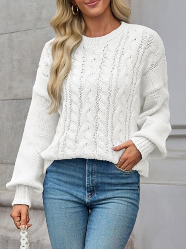Saodimallsu Womens Cable Knit Sweaters Chunky Crew Neck Long Lantern Sleeve Casual Loose Fit Fall Trendy Pullover Tops3