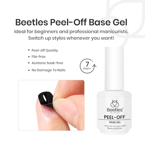 Image of Beetles Peel Off Base Coat and Top Coat Gel Nail Polish Set, 2Pcs 15ml Peelable Base Gel and Top Coat Easy Removal, UV LED Lamp Peel off Nail Polish without Damage for Beginners Weak Thin Nails