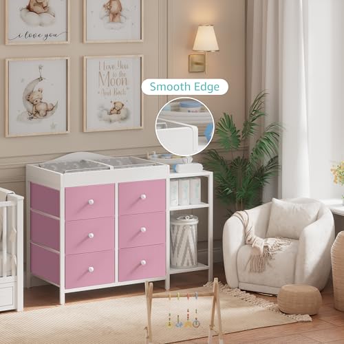 Image of BOLUO Baby Dresser with Changing Table Top, Changing Table Dresser with 6 Fabric Drawers Diaper Changing Station with Storage Shelf for Nursery Modern