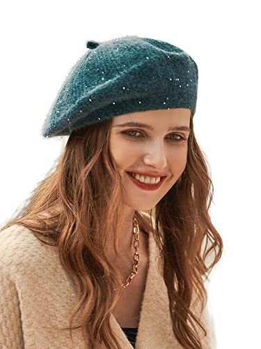 Zonsaoja Women's French Beret Hats Knit Sequin Winter Solid Lightweight Beanie Cap Green F #TOP22