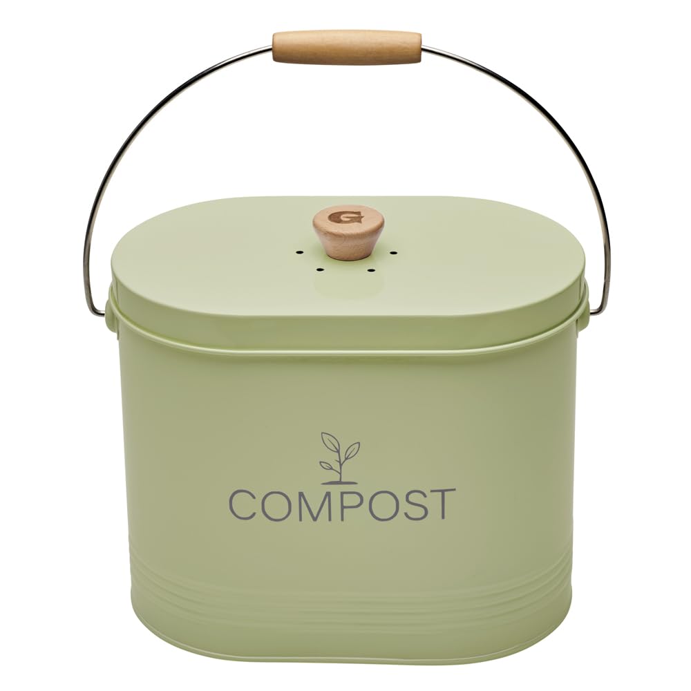 Seau à Compost 7L Ovale – Filtre Charbon Anti-Odeurs – Acier Peint Vert Sauge – Poignée Bois – Composteur Cuisine Grande Capacité – Garantie 5 Ans - 040631