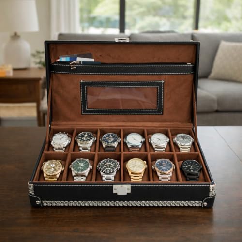 Image of BOXXO 12 Slot Watch Organizer Box for Men & Women - Premium PU Leather Watch Case with Black & Brown Finish, Soft Velvet Cushions & Glass Lid Display, Elegant Storage Box (34x20x8 cm) (Black /Brown)