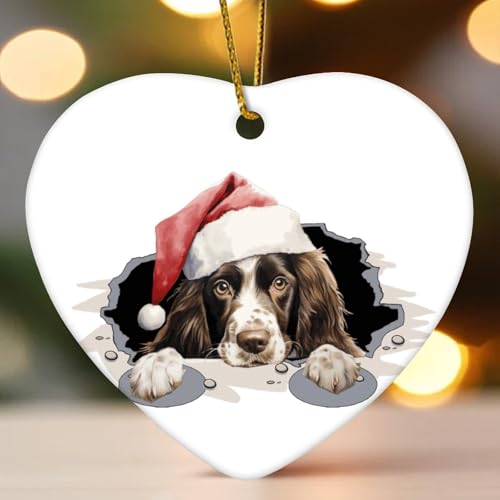 Peeking English Springer Spaniel Weihnachtsschmuck Hund Rasse Hund Kind Tier Herz Porzellan Anhänger Keramik Rustikale Weihnachtskugel Geschenk für Urlaub Weihnachtsbaum Party Dekorationen
