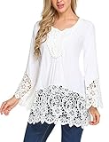 SoTeer Womens Casual V Neck Loose Top Flare Sleeve Lace Splice Blouse Shirt Tops,White XXL