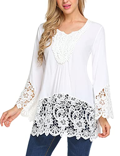 SoTeer Womens Casual V Neck Loose Top Flare Sleeve Lace Splice Blouse Shirt Tops S-XXL (X-Large, White)