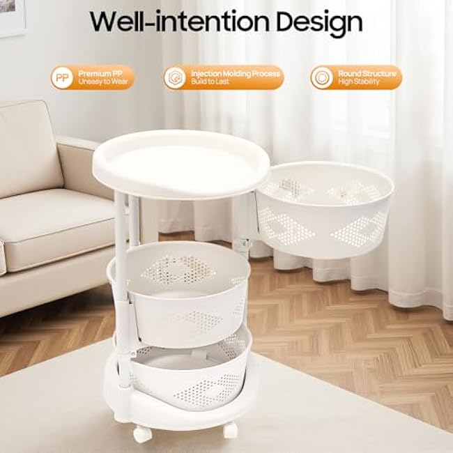 3-Tier Rotating Fruit Basket,Height Adjusted Storage Rack Cart with Brakes,White Round Basket Organizer on Wheels for Kitchens, Bathrooms, Balconies, Offices-LP0300M1