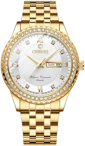 JewelryWe Orologio Diamante Da Uomo Donna: Orologio Al Quarzo Da Polso Con Calendario Settimana Lancette Luminose E