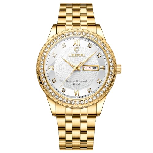 JewelryWe Men Gold Quartz Watch: Business Analog Full Diamond Day Date 3ATM Waterproof Luminous Hands Stainless Steel Removable Strap Casual Wrist Watch Valentine's Day Gift
