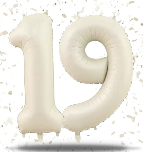 FAMULIA 19 数字 風船 ナンバーバルーン 誕生日 大きい 90cm バースデー ストロー付 happybirthday 特大サイズ (クリームホワイト, 19) くすみカラー
