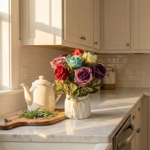 Image of Dekorly Artificial Lavender Plant in White Pot, 18cm - Realistic Faux Flower Arrangement for Home & Office Decor (Set of 1) (1, Big Rose)