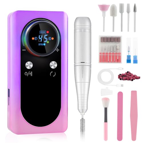 45000 RPM Nail Drill Machine Cordless, Rechargeable Electric Nail File Machine Professional Drill Tools for Acrylic Nails Gel Salon Manicure Pedicure Purple 45000rpm