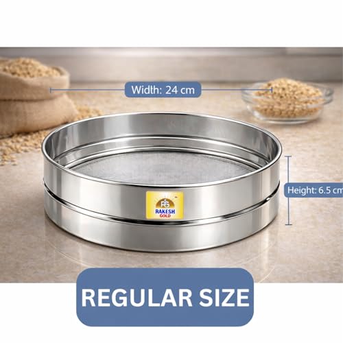 Image of Rakesh Gold Stainless Steel Colander & Strainer for Kitchen Use - Multi-Use Channi /Steel Chalni with Holes for Washing Rice, Fruits, Vegetables & Wheat (Regular Size) (Regular Size, Wheat CHALNI)