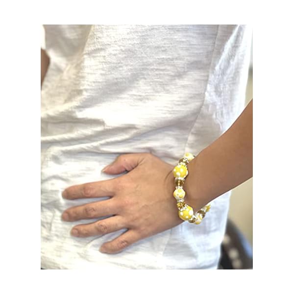 Linpeng-Glass-Beads-Polka-Dots-Bracelet-YellowWhite Linpeng PD-08 Fiona Hand Painted Polka Dots Glass Beads Stretch Bracelet, Yellow/White