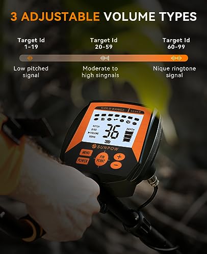 SUNPOW Metal Detector for Adults, Professional Waterproof High Accuracy Metal Detector, 10'' Detection Depth, Pinpoint & Disc & Notch & All Metal & Volume Modes, Strong Anti-Interference-GC-1083