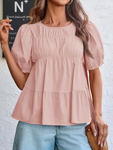 Image of Tankaneo Womens Puff Sleeve Peplum Babydoll Tops Summer Flowy Pleated Cotton T-Shirts Casual Loose Fit Cute Blouse
