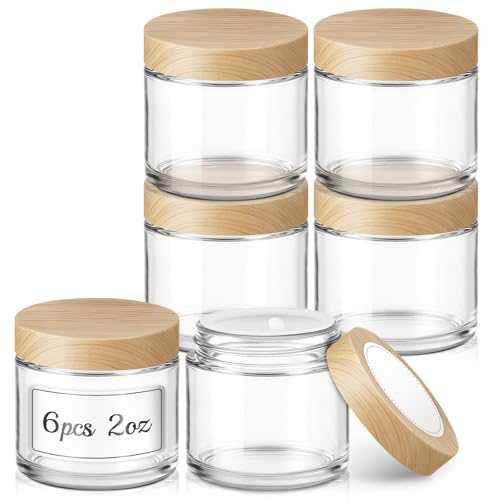 2 oz Small Glass Jars with Lids Bumobum Clear Cosmetic Jars with Plastic Woodgrain Lids 60ml Refillable Empty Containers for Lotion Cream Salve Powders 6 Pack