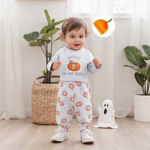 Newborn Baby Boy Pumpkin Outfit Fall Romper Bodysuit and Pants Set With Beanie Hat Halloween Thanksgiving Clothes3