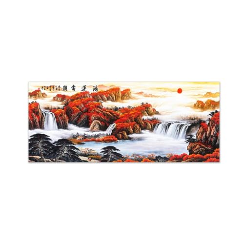 Tableau sur toile style chinois paysage cascade automne 60x150cm