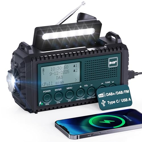 Mesqool 5000mAh Emergency DAB+/FM Radio with Rechargeable Battery, Solar Wind Up Charging, Torch, Reading Light & USB Power Bank, Portable for Camping, Hiking & Outdoor