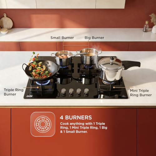 Image of Glen 70 CM 4 Burner Gas Built-in Hob with 2 Triple Ring Forged Brass Burners | Auto Ignition | Toughened Black Glass Top | 2 Years Standard & 5 Years Warranty | BH1074DFHT2TR77