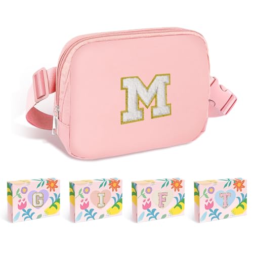 Image of COSHAYSOO Pink Fanny Pack Belt Bag Crossbody Purse for Teen Girls 6 7 8 9 10 11 12 13 Year Old Women Personalized Cute Initial Graduation Birthday Gifts Tween Preteen Girly Stuff Chenille Letter M