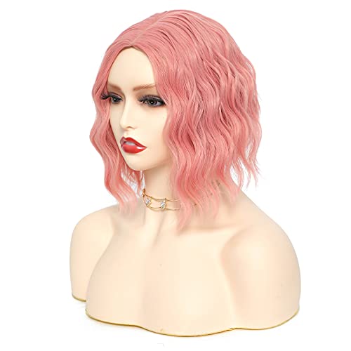 Vroosar Pink Wigs for Women Short Wavy Bob Wig Synthetic Curly Wigs Pastel Bob Synthetic Cosplay Wig for Girl Colorful Costume Wigs