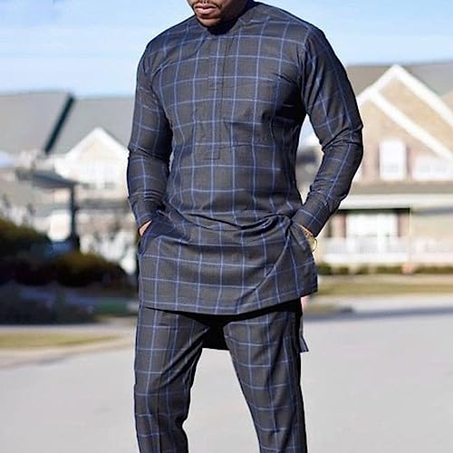Long Sleeve Dashiki Suit for Men African Traditional Shirt and Pants with Pockets 2 Piece Outfit Set (Color : Blue, Size : 4X-Large)3