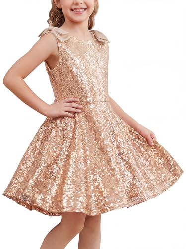 Stelle Girls Sequin Dress, Crew Neck A-Line Sleeveless Sparkly Summer Dress Girls' Special Occasion Dresses Rose Gold, Size 10-11 Years