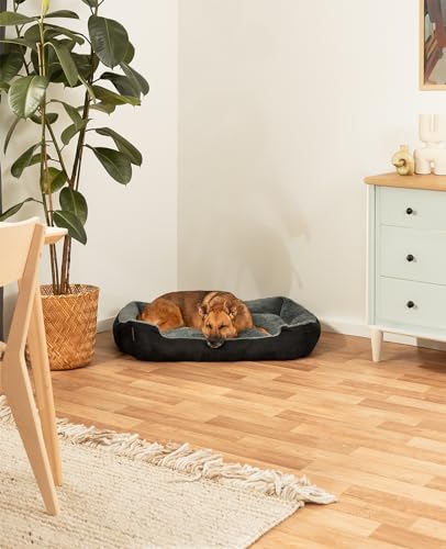 lionto Hundebett mit Wendekissen und Rutschfester Unterseite, Robustes Heimtierkissen mit tiefem Einstieg für Hunde und Katzen jeden Alters, 90x70 cm, kuscheliges Hundekissen, schwarz/grau