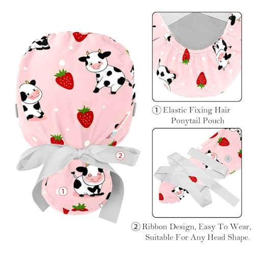 Image of 2 PCS Bouffant Cap with Button Ponytail Pouch Working Cap Sweatband Adjustable Surgical Cap Black and White Cow