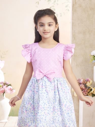 Image of Aarika Girls Casual Wear Firozi Colour Polka DotFloral Print Cotton Blend Frock