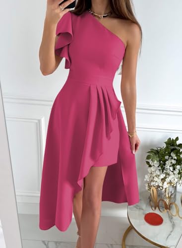 Image of Dokotoo Womens One Shoulder Sleeveless Ruffle Empire Waist Asymmetrical High-Low Bodycon Formal Wedding Guest Midi Dresses